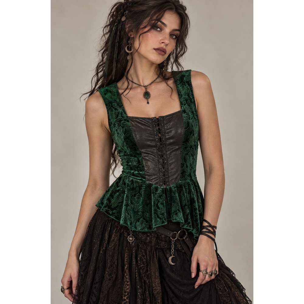 Spirit Halloween Green Velvet Peplum Top M Gothic Ren Faire Corset Look